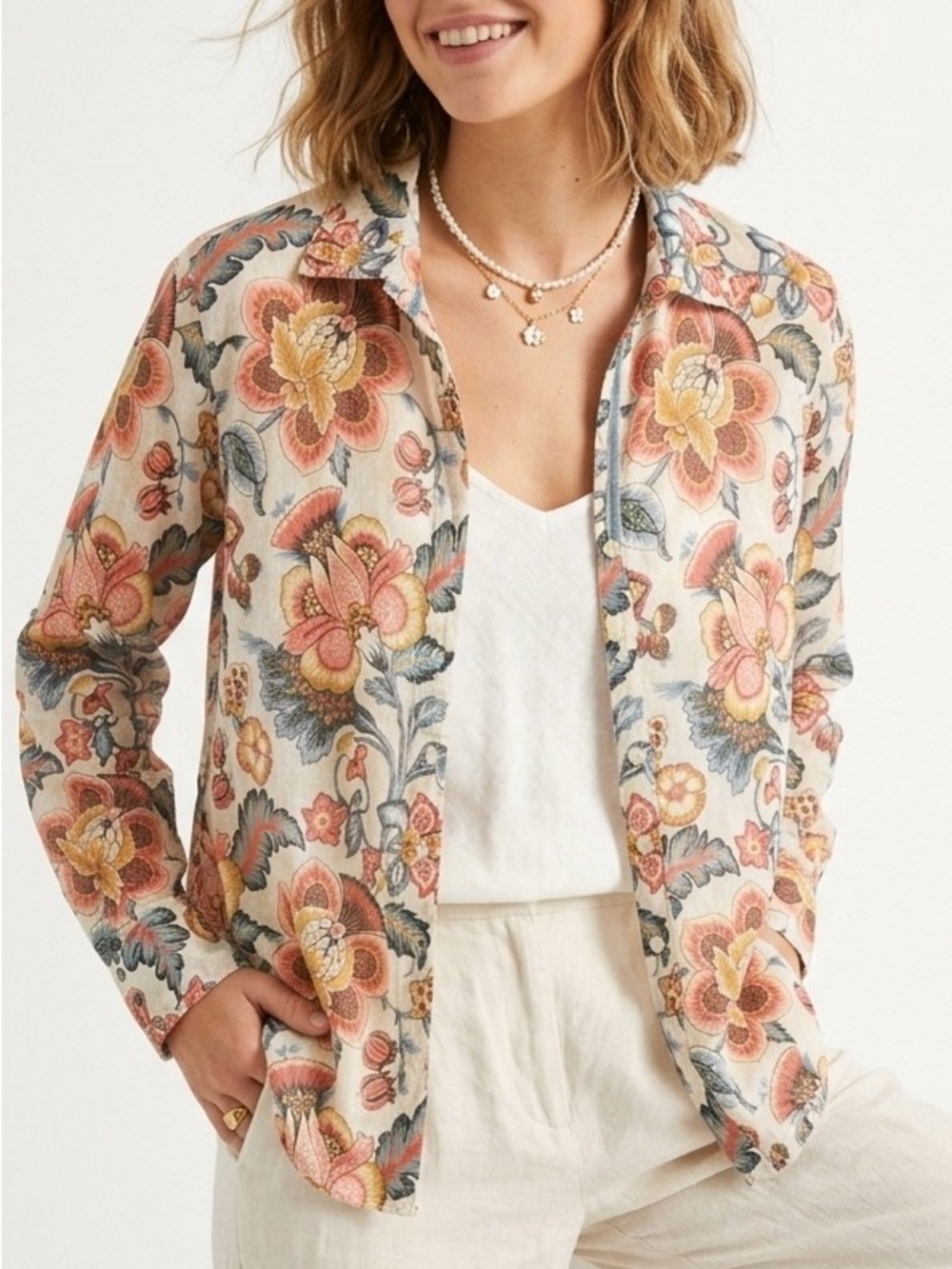Cino Brighton Mix Cotton Crinkle Floral Boho Button Down Shirt Roll Tab Large